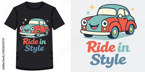 Cute cartoon vintage car with happy face and stylish design on casual tshirt for fun and trendy fashion lovers