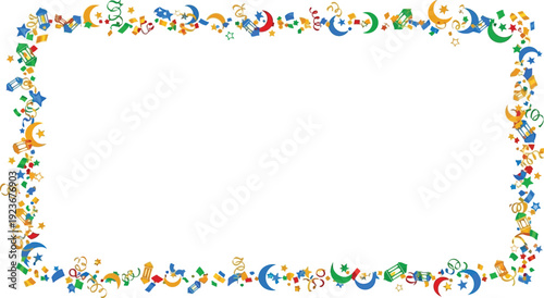 A colorful border of whimsical illustrations on a white background