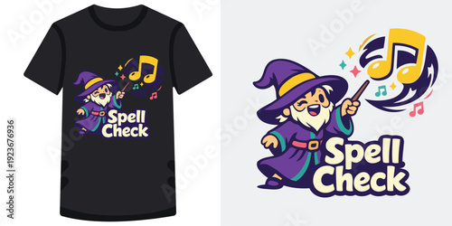 Cute cartoon wizard character with magic wand and musical notes for spell check concept design on tshirt and isolated version