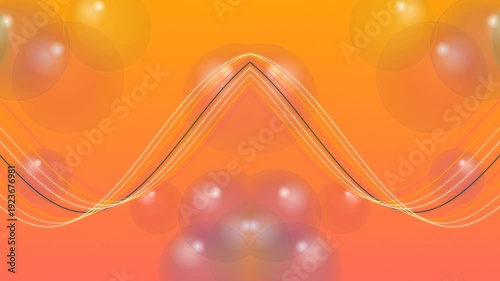 Vibrant abstract design with wavy lines and colorful orbs on an orange gradient background