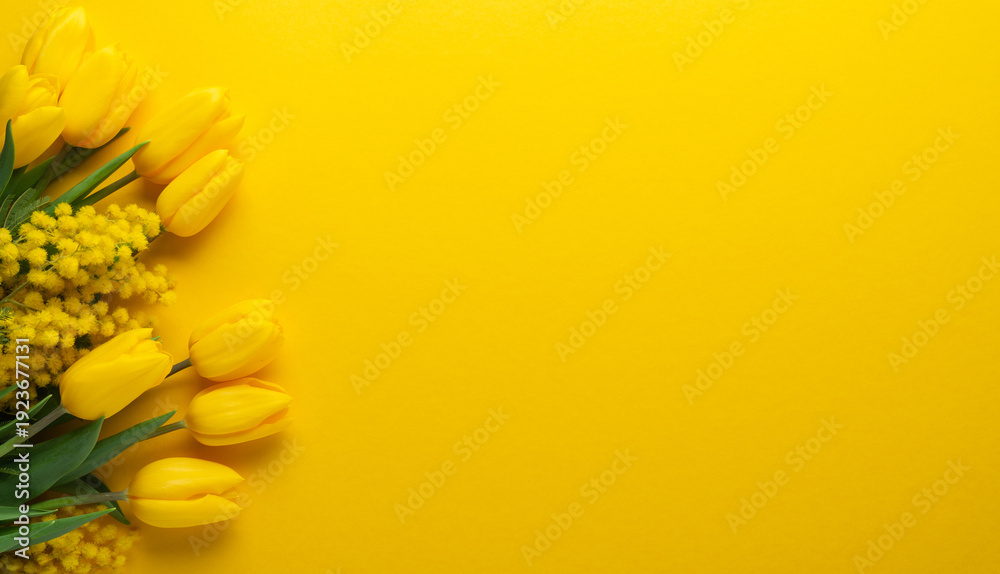Fototapeta premium Yellow tulip and mimosa flower bouquet on yellow background. Floral wallpaper, banner. 8 march women's day, mother's day theme. Birthday, wedding gift. Spring. Beauty. Easter.