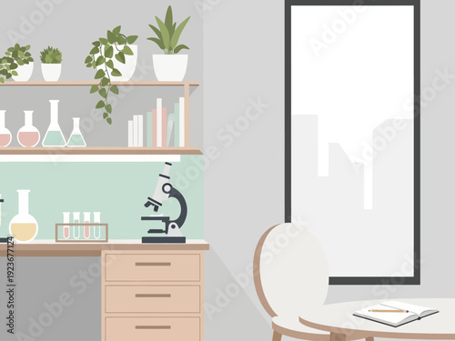 Laboratory Bench with Microscope and Scientific Equipment.