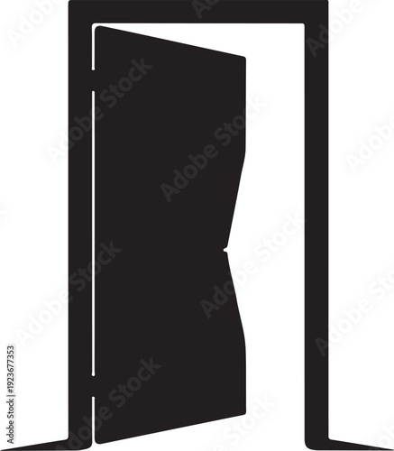 Black door slightly ajar in a white background illustration