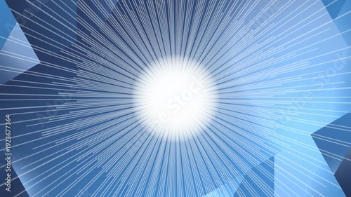 Abstract blue background with white sunburst and geometric shapes
