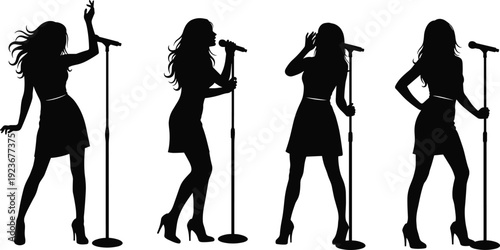 Female singer silhouettes performing with microphone stage performance music concert artist woman singing isolated vector illustration set