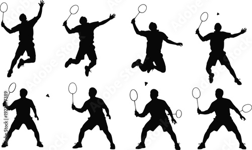 Badminton player silhouettes set with jumping smash action poses isolated black vector illustration collection on white background