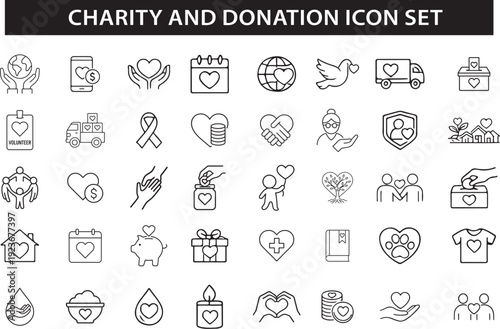 Charity and Donation Icon Set, Help Volunteer Sharing Solidarity Vector Icons