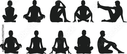 Yoga and meditation silhouettes set, people practicing lotus pose and stretching exercises illustration isolated on white background