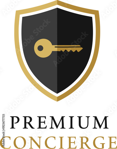 A premium concierge logo with a black and gold shield and key design
