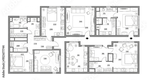Detailed architectural floor plan showcasing multiple residential apartment layouts and designs.