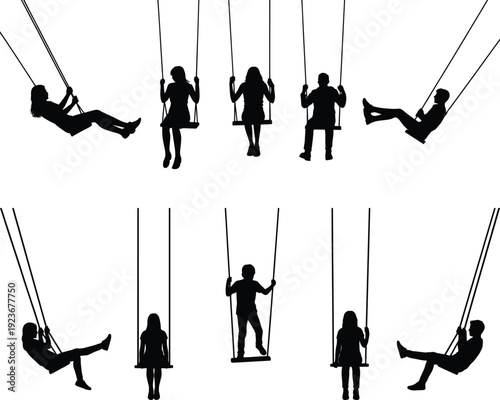 Children and adults swinging silhouettes set showing playground fun, leisure activity, freedom motion, childhood memories, lifestyle illustration isolated on white background vector