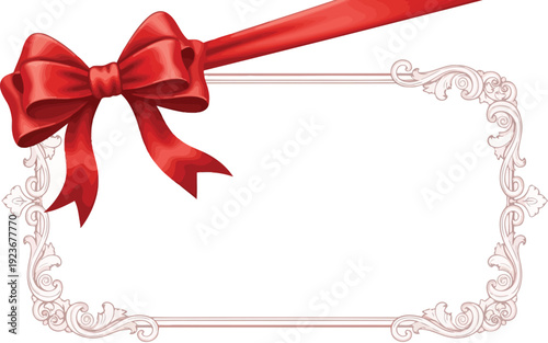 A red ribbon with a bow on a decorative frame for a special occasion or gift