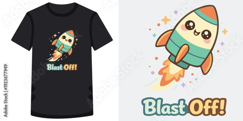 Cute kawaii cartoon rocket character with happy face and flames blasting off on trendy tshirt design and isolated illustration