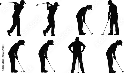 Golfer silhouettes swinging putting golf sport athlete action isolated vector illustration set golf game collection