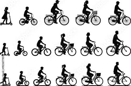 Cycling life stages silhouettes showing children adults riding scooters bicycles, urban transport, eco mobility, healthy lifestyle progression, isolated black figures illustration concept