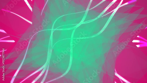 Vibrant abstract artwork with swirling green and pink neon lines radiating outward in a dynamic composition.