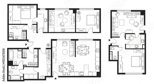 Detailed architectural floor plan showcasing diverse apartment layouts and room arrangements.