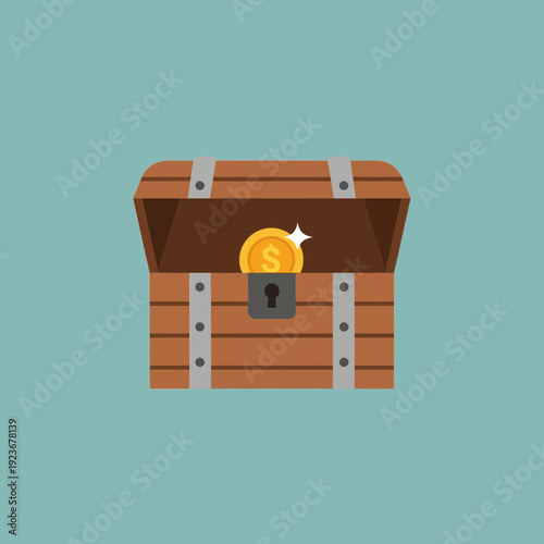 Open treasure chest with a gold coin inside and a sparkling effect.
