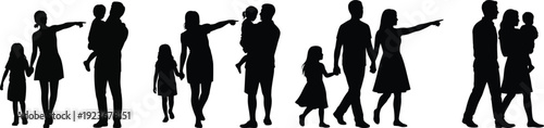 Family walking silhouettes showing parents children holding hands, pointing direction, togetherness, parenting, guidance, outdoor lifestyle, bonding, love, care, isolated black figures illustration