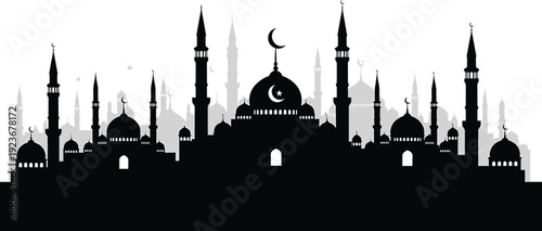 Silhouette of a mosque with minarets and domes
