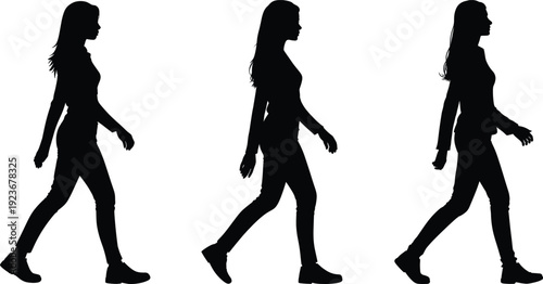 Female walking silhouette sequence showing natural gait movement, side view woman steps progression, isolated black figures for fitness, motion, lifestyle, design concepts