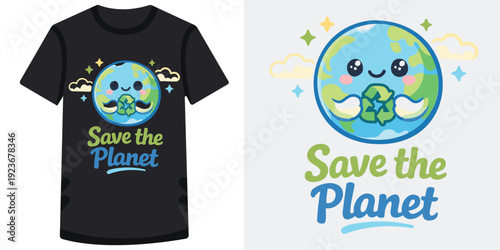 Cute kawaii earth character holding a recycling symbol with happy expression and clouds for environmental awareness campaign design