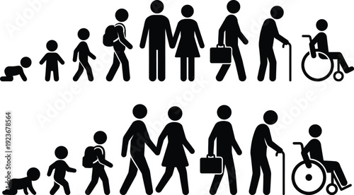 Human life stages silhouette from baby to elderly wheelchair showing growth aging family lifecycle disability health concept illustration icons timeline society care