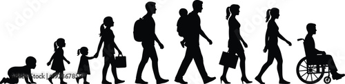 Human life stages silhouettes showing growth family work parenthood aging disability mobility concept illustration social healthcare development timeline diversity inclusion society people journey