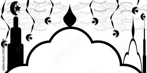 Decorative illustration of Eid al-Fitr and Eid al-Adha with crescent moon and star ornaments in modern Islamic style.