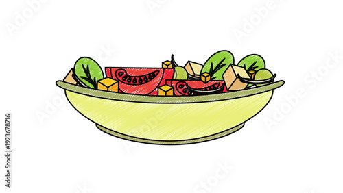 Fresh Salad Bowl Illustration with Green Leaves, Red Tomatoes, and Croutons Isolated on White
