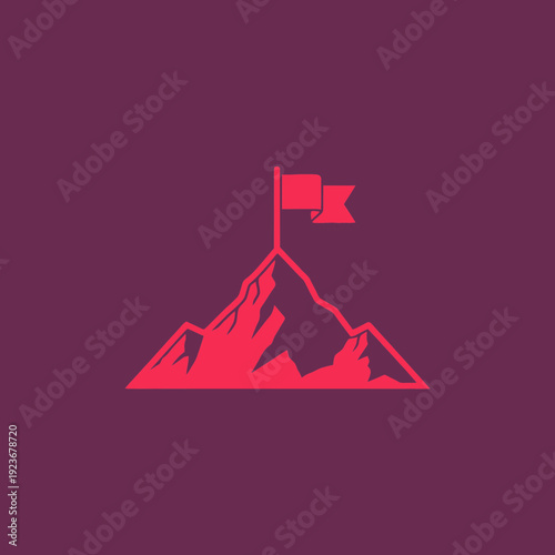 Mountain with a flag at the summit and a lightning bolt-shaped trail.