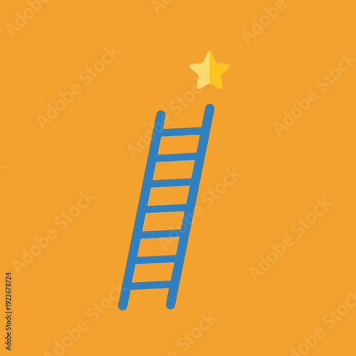 Blue ladder reaching towards a yellow star on an orange background.