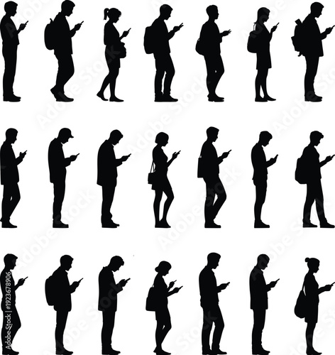 People using smartphones silhouette collection showing modern digital lifestyle, social media addiction, mobile communication habits, standing figures, isolated black icons