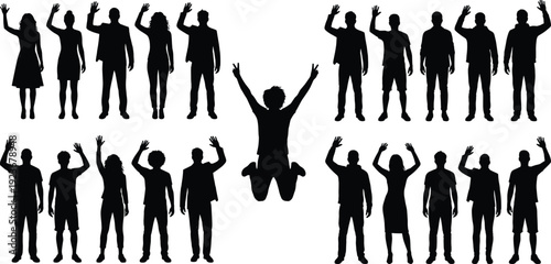 People silhouettes waving hands with jumping person showing celebration teamwork success happiness group unity social communication concept illustration diversity crowd
