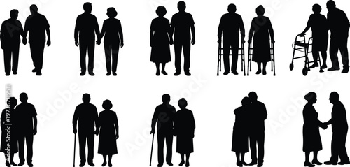 Senior couples silhouettes showing elderly partners holding hands, walking together, caregiving support, love, companionship, mobility aids, aging relationship concept, isolated black figures