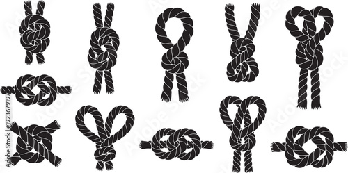 Various knots and rope ties on white background illustration