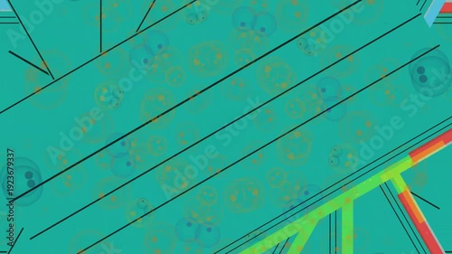 Close-up of a teal colored circuit board with neon green, red and yellow wires.