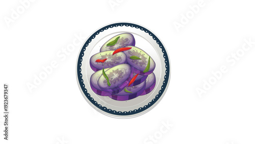 Sautéed Purple Eggplant Slices with Red and Green Chili Garnish on a Decorative Plate