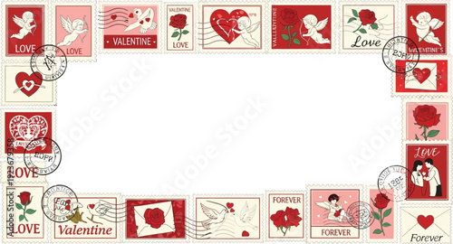 A collection of vintage Valentine's Day postage stamps arranged in a heart shape