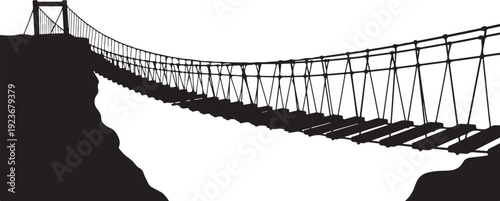 Suspension bridge spanning deep chasm in dramatic silhouette style