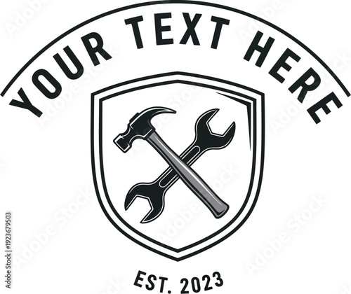 A logo featuring a shield with crossed tools and a customizable text arc