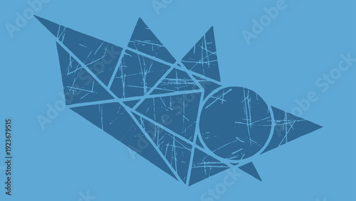 Blue abstract geometric composition with scuff marks, overlapping triangles and circles forming abstract structure, bold design