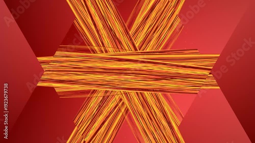 Geometric pattern of intersecting orange lines on a red background with a 3D effect.