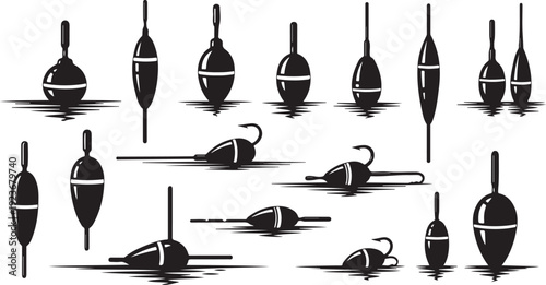 Various Fishing Bobbers and Hooks on White Background Illustration