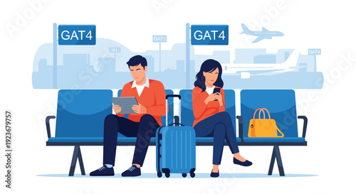 Man and woman wait for their flight in an airport terminal while using digital devices and sitting near their blue travel luggage.