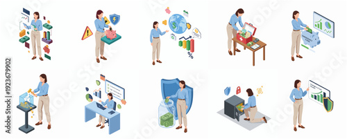 Isometric Businesswoman Financial Operations and Security Management Illustration Pack