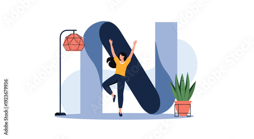 Energetic woman performs a dance or yoga pose in front of a giant letter N with a modern lamp and a potted plant in the background.