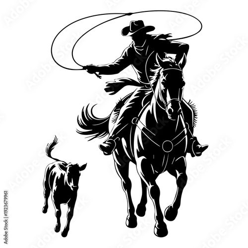 Dynamic Silhouette of Cowboy Lassoing Calf During High Speed Western Cattle Roundup Chase Action Scene Vector