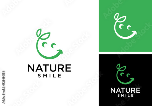 smile logo design vector with leaves, leaf and smiley face logo