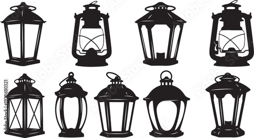 Collection of black lantern silhouettes on white background